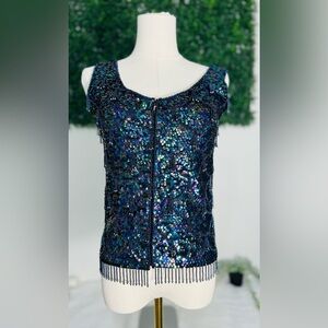 Vintage Creations by Harilela's Sequins Top 34 Blue Lambswool Beaded Fringe